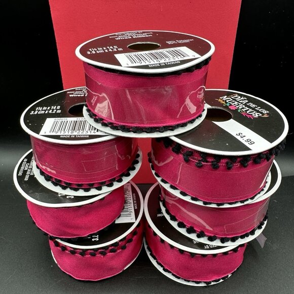 Pink Wired Ribbon Pom Pom Edge Lot of 7 Dia De Los Muertos 1 1/2" in x 14 ft - Picture 1 of 11